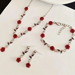 Red Rose Necklace, Bracelet, & Earrings Set NWT